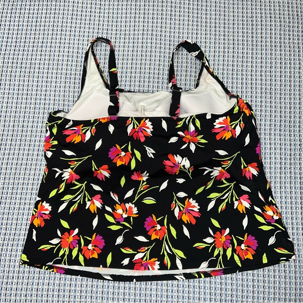 Lands End Black Square neck Tankini Swim Top Floral 20W DDD